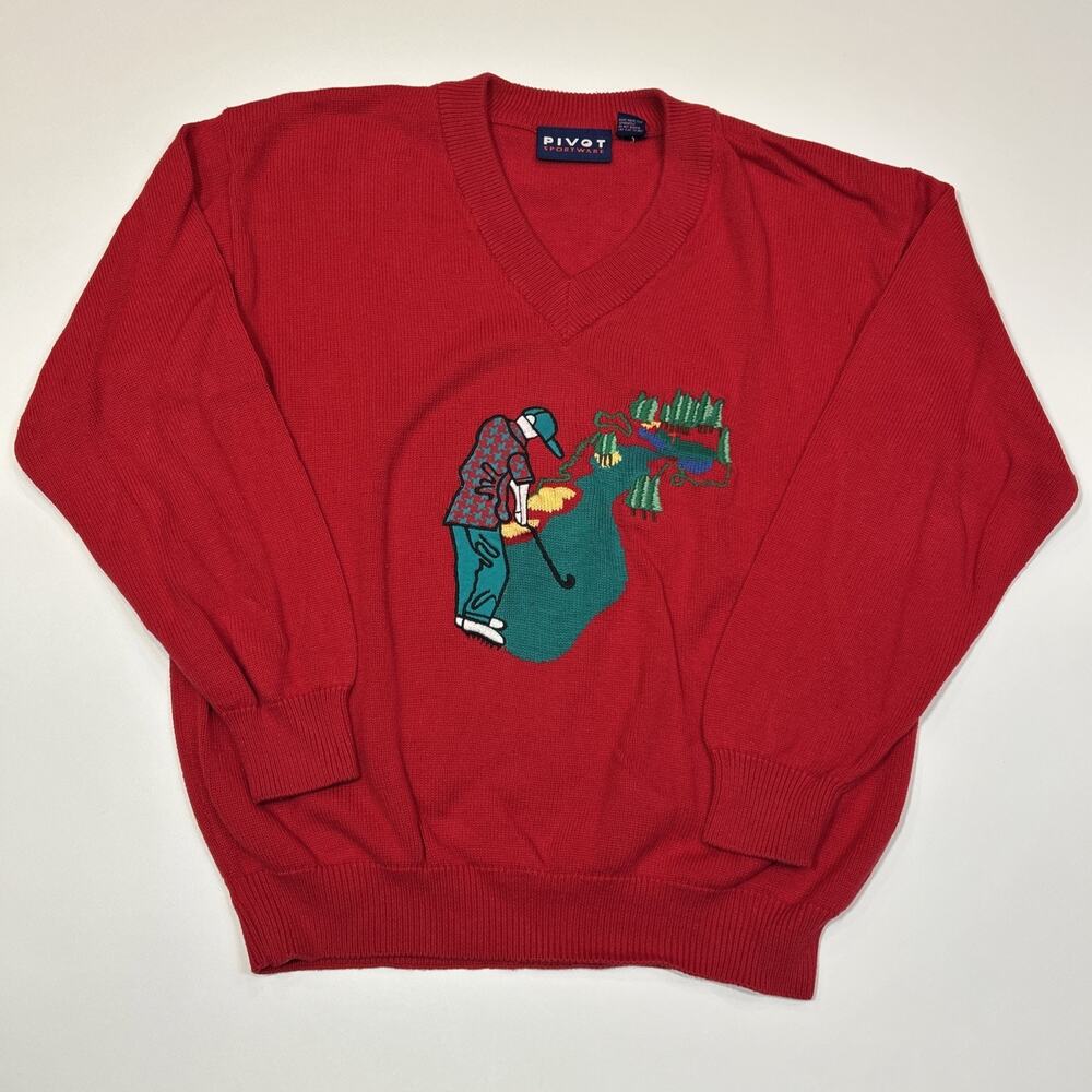 Vintage Golf Sweater Men XL Red Knit Golfer Embroidered V Neck 100% Cotton
